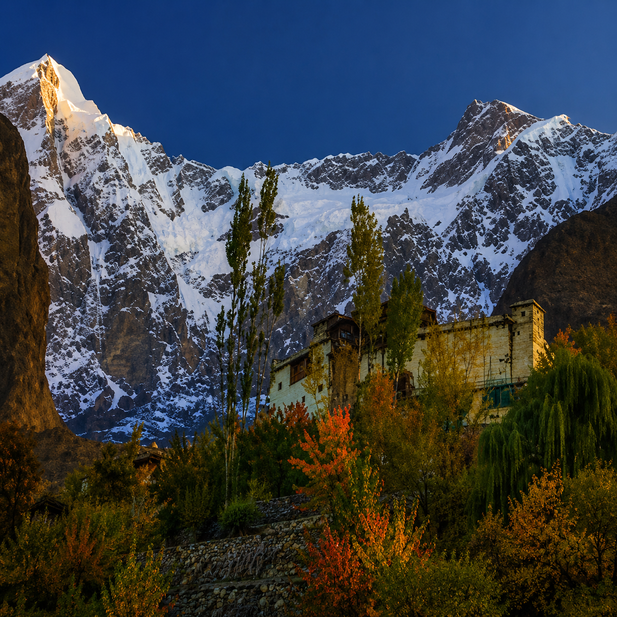 Baltit Fort in Hunza Valley with snow-capped Karakoram Mountains in Gilgit-Baltistan Pakistan