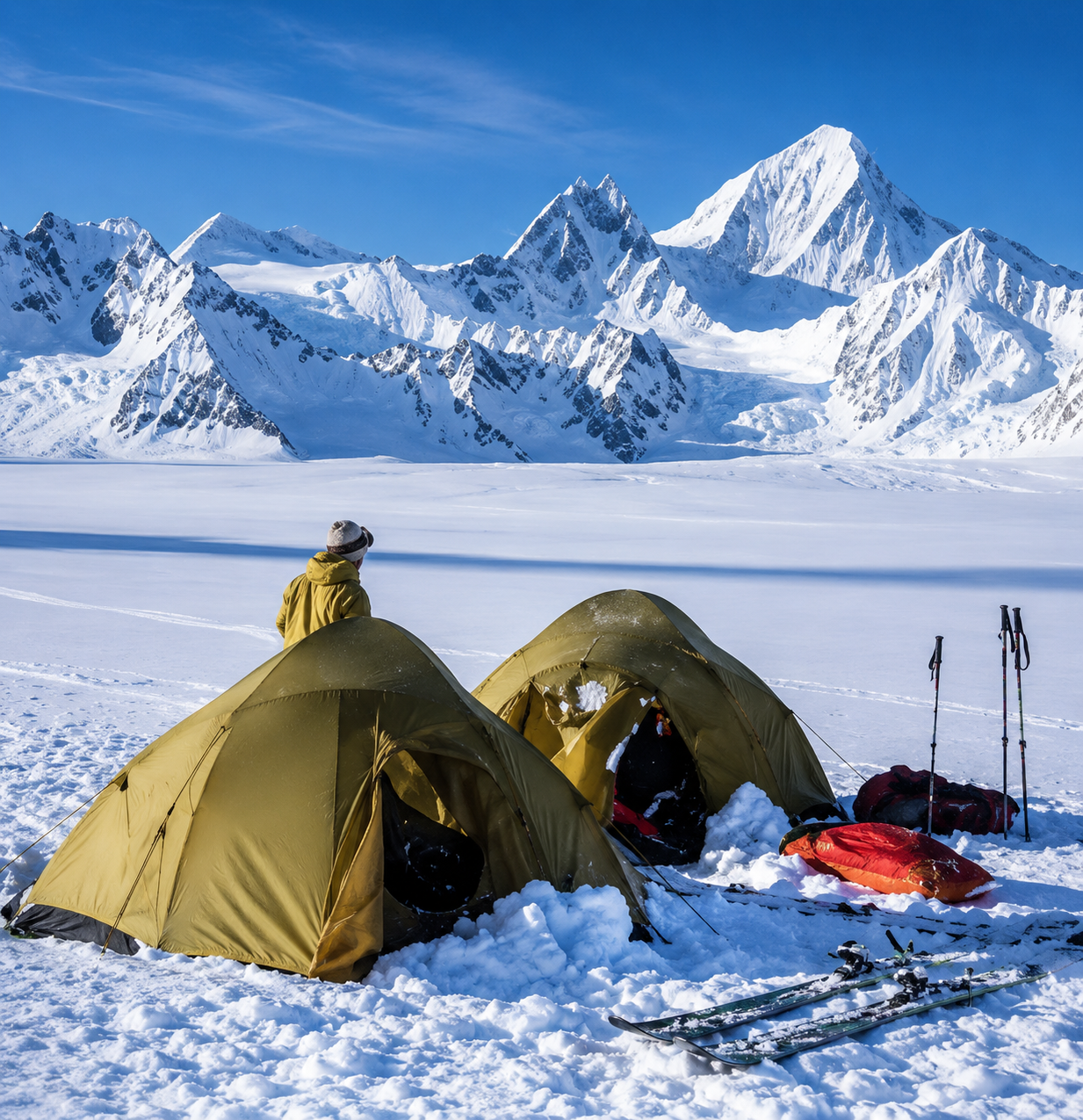 Camping tents on the Biafo Glacier during the Hispar Pass Trek in the Karakoram Mountains, Gilgit-Baltistan, Pakistan.