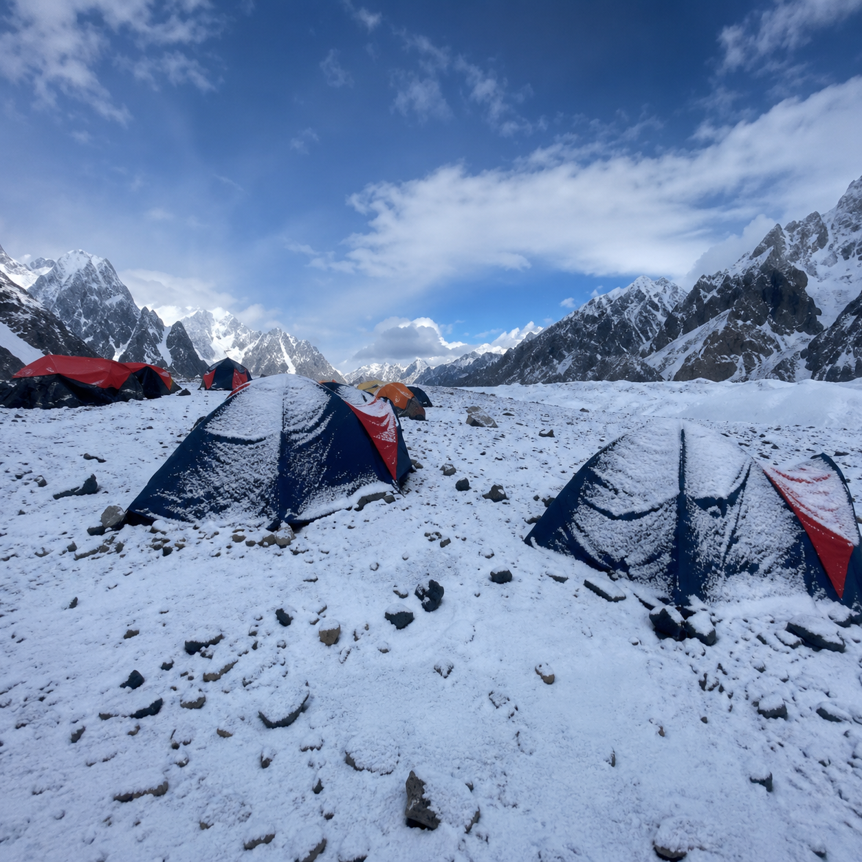 Snow-covered camping tents at K2 Base Camp in the Karakoram Mountains, Gilgit-Baltistan, Pakistan.