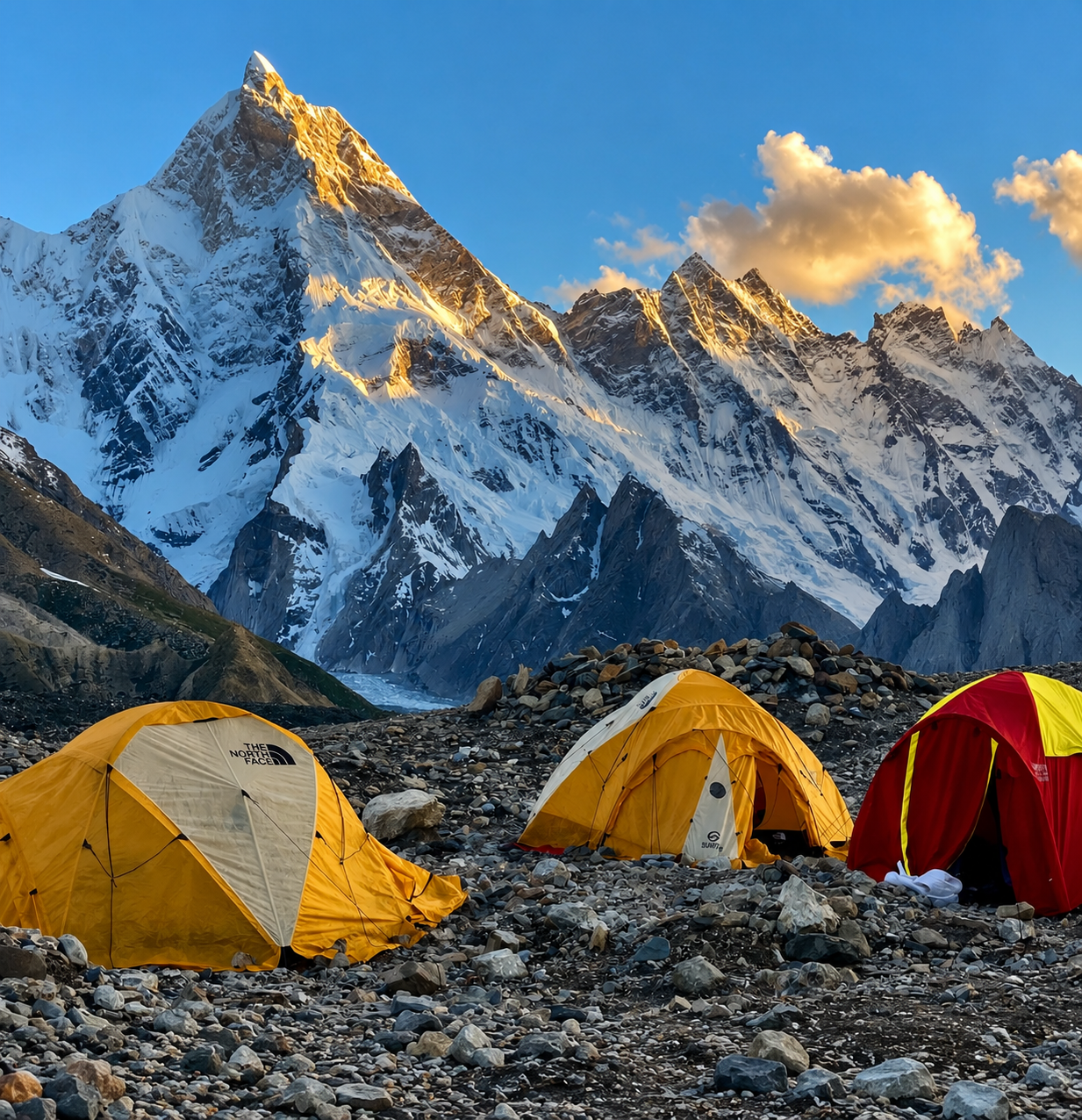 Camping tents at K2 Circuit Trek with snow-covered Karakoram peaks near Gondogoro La, Gilgit-Baltistan, Pakistan.