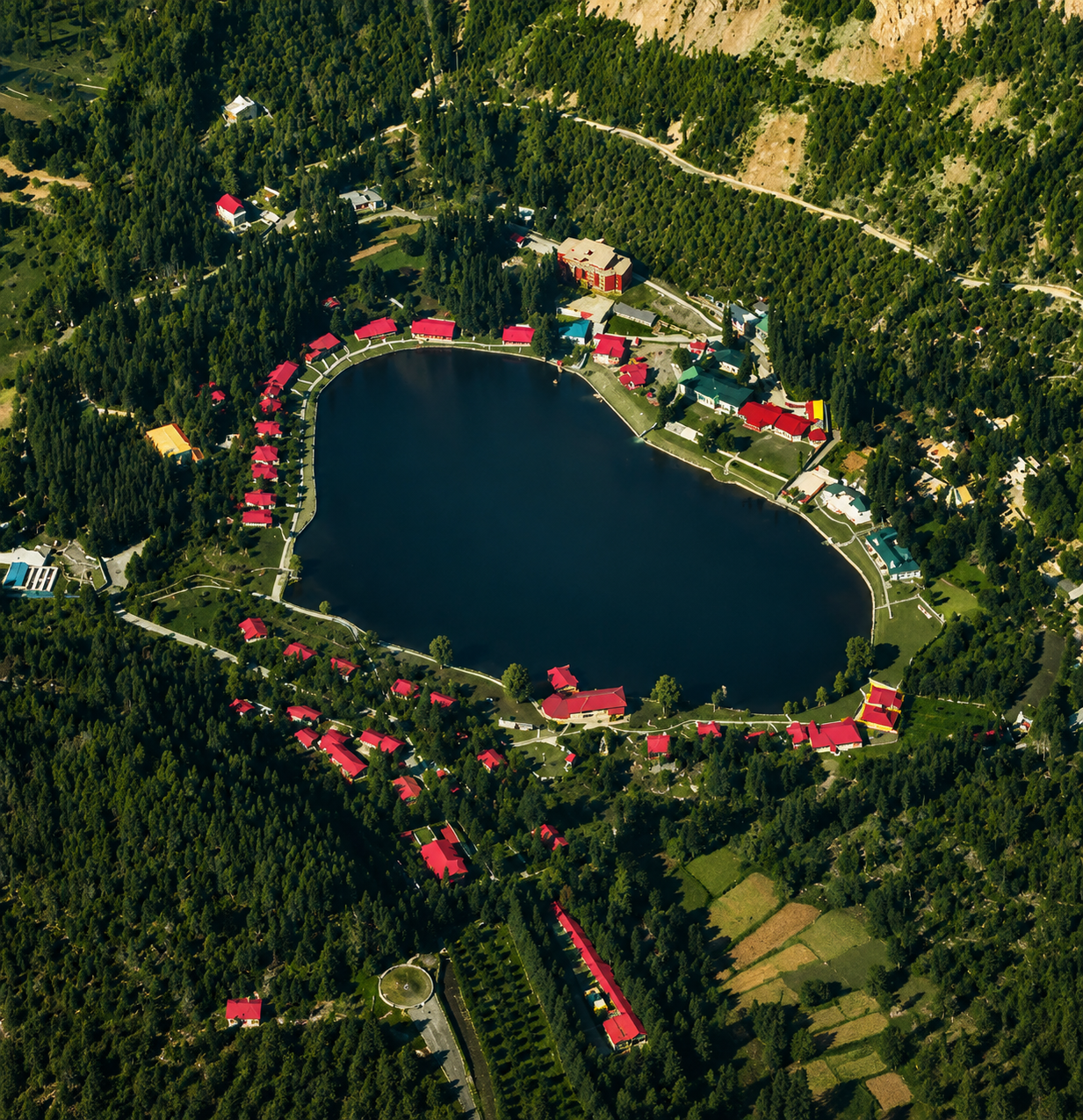 Aerial view of Shangrila Resort at Lower Kachura Lake in Skardu, Gilgit-Baltistan, Pakistan.